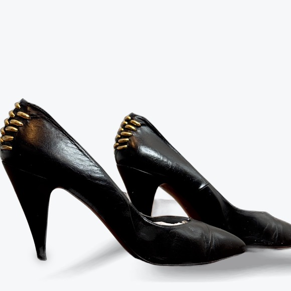 Rosina Ferragamo Schiavone Leather Heels BLK Gold Studded Pointed Toe Retro Glam - Picture 1 of 13
